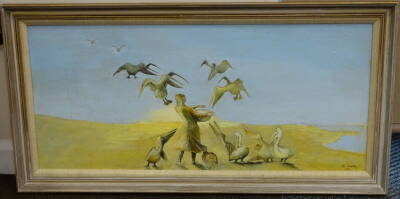 Adrian Dawnay. Feeding Pelicans, oil on board, signed and dated 1991, 45cm x 101cm. - 2