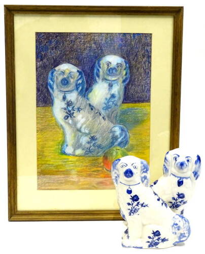 W.S. Taylor (1920-2010). Staffordshire dogs, pastel, 38cm x 27cm, and a pair of pottery Staffordshire dogs (3).