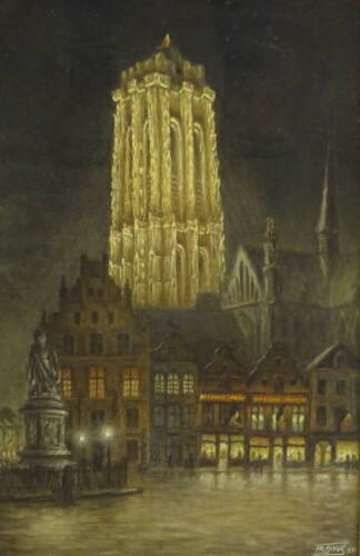 T.H. McVos(?)(20thC). Continental market square, pastel, signed and dated 1951, 49cm x 30.5cm.