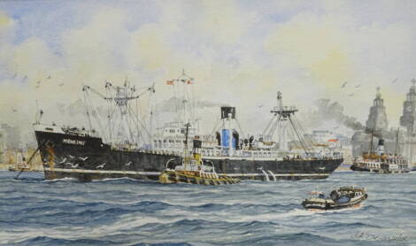 J.A. Drinkwater. Lamport and Holts Memling at anchor. R. Mersey, watercolour, signed and titled verso, 19cm x 32cm, and two others.