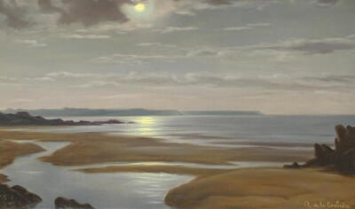 Roger de la Corbiere (1893-1974). Plougrescant, Moonlight, oil on canvas - Pari, signed and titled verso, 59.5cm x 90cm. - 2