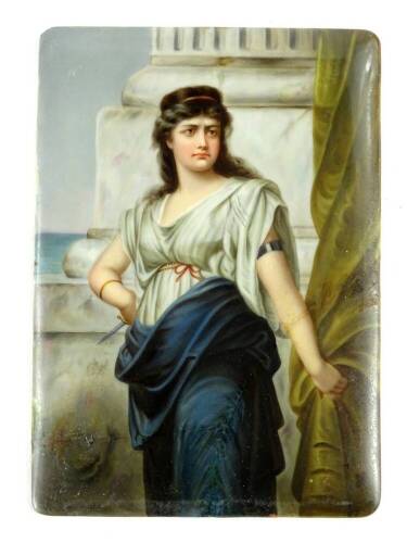 A 19thC Berlin type porcelain plaque, painted with a neo classical lady holding a dagger beside a pillar etc., indistinct title to reverse (AF), the plaque 17cm x 12.5cm.