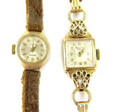 Two ladies wristwatches, comprising a Resolute rectangular watch head, with V shaped links, yellow metal, watch head and strap marked 9ct, 13.3g all in, and a Seiko ladies wristwatch, with yellow metal watch head, unmarked on a brown leather strap. (2)