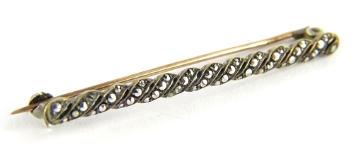 A marcasite bar brooch, with weave design links, each set with tiny marcasite stones, in a silver plated frame, 5.5cm W, boxed.
