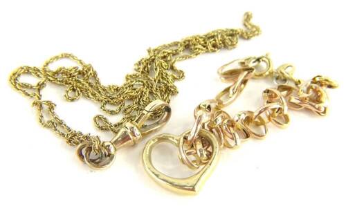 A 9ct gold crub link bracelet, with an unmarked yellow metal heart pendant, 2g, and a gold plated chain with 9ct gold clip. (2)