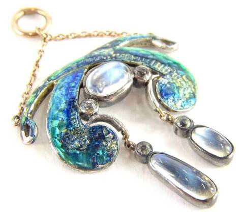 An Art Nouveau pendant, with crossover blue and green enamelled top (AF), with central moonstone flanked by two white stones, with white stone and moonstone drop, in a silvered setting, unmarked, on a yellow metal chain and pendant loop, 6cm H, 9.8g all i