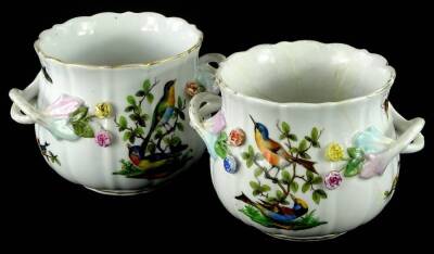 A pair of Dresden porcelain two handled small jardiniere or cachepots, each decorated with birds, flowers, stylised Augustus Rex marks to underside. (1 AF)