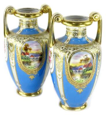 A pair of Noritake type Japanese porcelain two handled vases, each decorated with river landscapes within elaborate gilt and turquoise coloured borders, unmarked, (gilding AF), 33cm H.