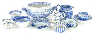 A collection of blue and white printed pottery, to include a small tureen decorated with a country house and deer, Spoke cups, miniature Royal Worcester porcelain part tea set, etc.