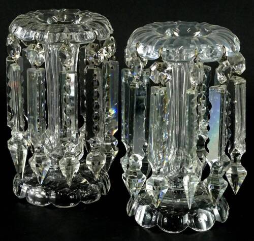 A pair of clear glass table lustre's, each suspended with drops, 22cm H.