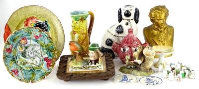 A collection of ceramics, to include a Majolica glazed dog.