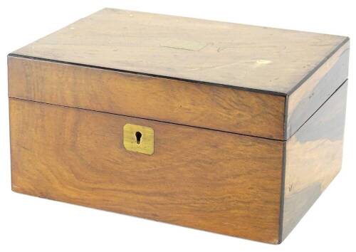 A Victorian walnut work box, with vacant brass escutcheon and fitted interior, 28cm W.