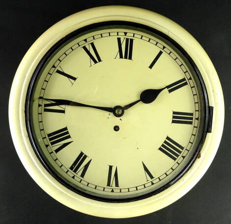 A Victorian station type wall clock, later painted cream with brass fusee movement, 38cm dia.