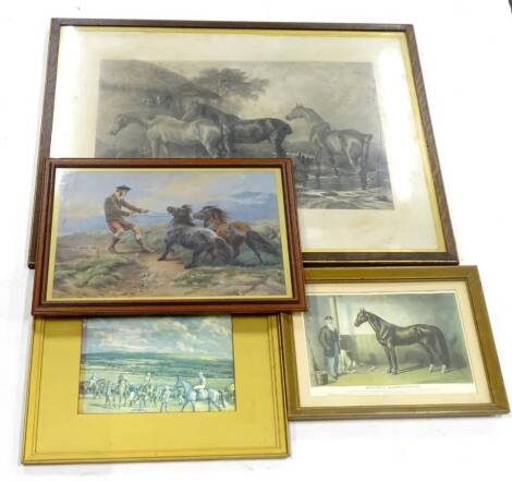 After Rosa Bonheur. Scotsman with ponies, Victorian chromolithograph, 33cm x 49cm, and various other prints relating to horses and racehorses in particular.