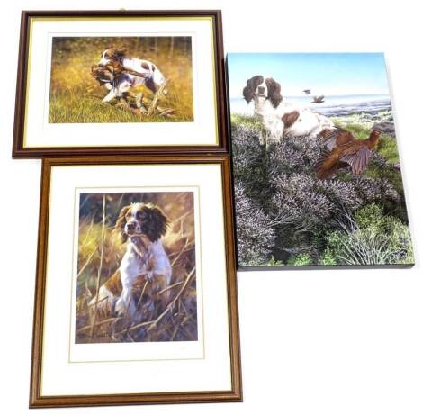 After John Trickett. Working Spaniel, artist signed limited edition print No. 81/395, 46cm x 33cm, a similar limited edition print signed W A Westwood and a canvas print of a Spaniel and grouse. (3)