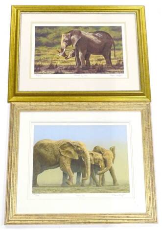 After Simon Gayford. Stand by Me and Family Ties, artist signed limited edition prints of elephants, 25cm x 37cm and 28cm x 37cm respectively. (2)