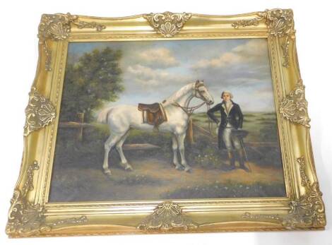 21stC School. 18thC style gentleman with white horse, within a landscape, oil on canvas, 60cm x 75cm.