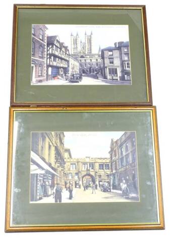 Two coloured photographic prints, depicting Stonebow Lincoln and Cathedral of Lincoln, 27cm x 37cm.