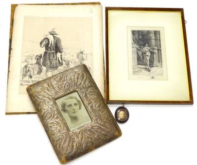 A photograph signed by the actress Miss Amy Brandon-Thomas (1890-1974), in embossed leather frame, miniature of a gentleman and two prints. (4)