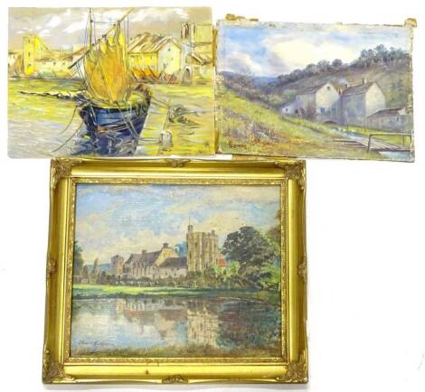 J Cassell Hutchinson. Stokesay Castle, Shropshire, oil on board, 24cm x 29cm, a small oil sketch signed E Lancaster, and a continental watercolour of a sailing ship in harbour. (3)