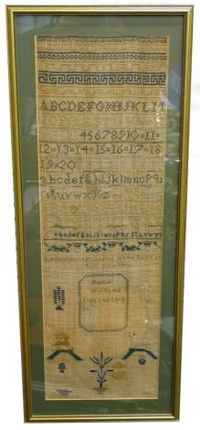 A 19thC wool work sampler, by Rachel Williams, depicting alphabet, various designs, animals, etc., faded, (AF), 63cm x 20cm.