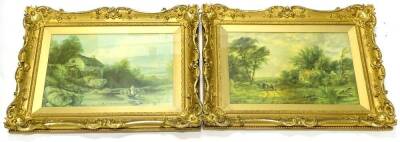 F.W.W. Horse and cart in rural landscape, and mill with two figures, coloured prints, a pair, 34cm x 50cm, in gesso rococo style frames.