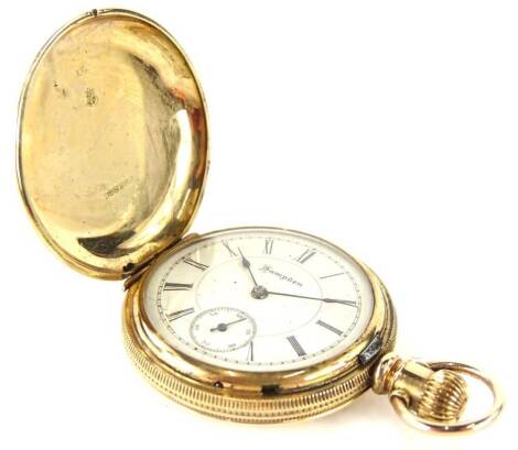 A Hampden yellow metal Hunter fob watch, the engraved case with a hinged full dial cover, the enamel dial with Roman numerals, the case stamped 14K, Durber 60.1g gross.