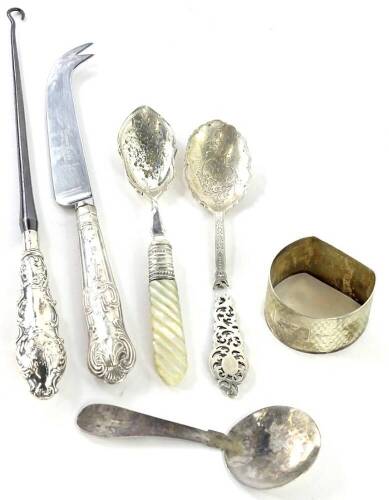 Various small silver, etc., to include a D shaped napkin ring, a damaged spoon, caddy spoon, button hook with steel blade, etc.