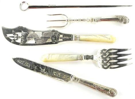 A collection of silver and silver plate, to include a part fish server with silver plated blade, and mother of pearl handle, a toasting fork, with silver pistol shaped handle, a similar bread knife, and a silver plated skewer.