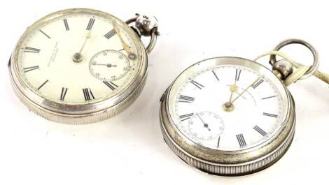 Two silver cased pocket watches, each with enamel dial, one bearing the name Depree, Raeburn & Young Exeter, the other Fattorini & Sons Bradford. (AF)