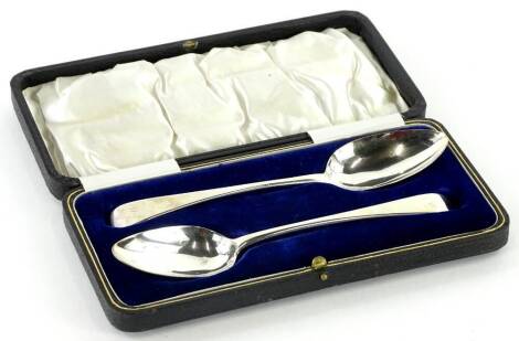 A pair of George III silver Old English pattern tablespoons, each engraved with initials, London 1801, 3¾oz, in a fitted case.