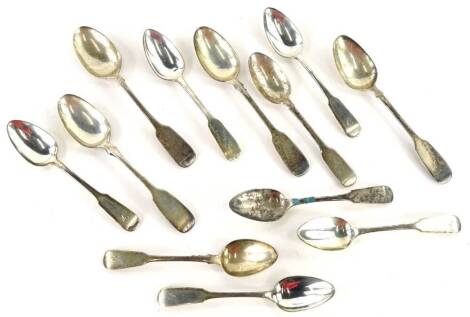 A collection of various silver fiddle pattern tea spoons, 7¼oz.