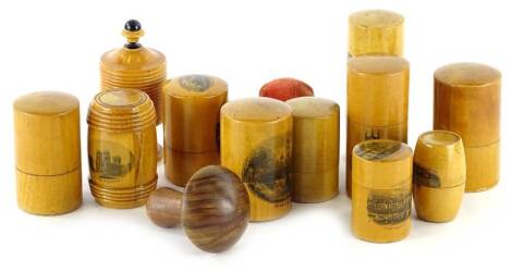 A collection of various Mauchlineware sycamore boxes, etc.