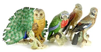 Five various Goebel models of birds, to include owl, parrot, peacock, etc.