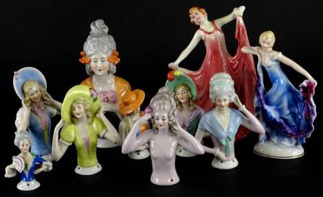 A collection of Continental porcelain Art Deco figurines, and various similar dolls heads. (10)