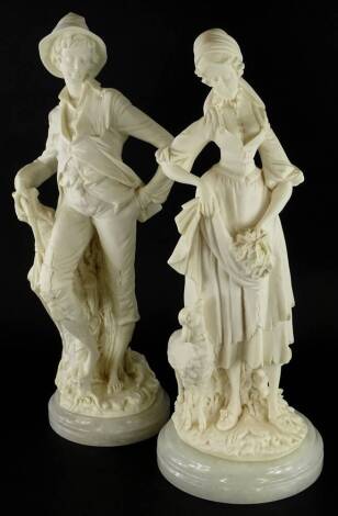 Two similar large 19thC style cream resin figures, modelled in the form of a Continental lady and gentleman, each on a white onyx base, 59cm H.