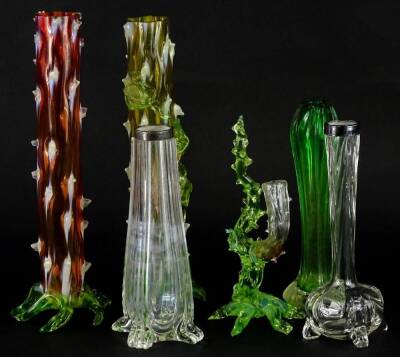 Various coloured glass bud vases, to include examples in green, pink and amber, the largest 30cm H.