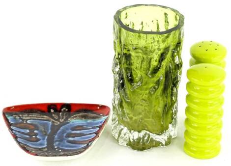 A Whitefriars green stylised bark glass vase, 19cm H, a Poole dish and a Carltonware cruet.