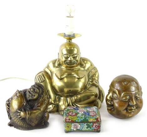 Various oriental items, to include a bronze sculpture depicting four masks with differing poses, stamped to base, a bronzed resin figure of a gentleman holding a carp, a statue of Pudai, converted to a lamp base and a cloisonne box and cover. (4)