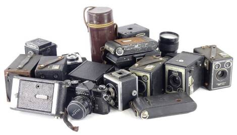 Miscellaneous cameras, to include a Pentax Spotmatic, bellows cameras, some lenses, etc.