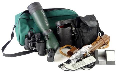 Miscellaneous items, to include a Dolland three draw brass and leather telescope, pair of Wetzlar binoculars, a Konus field type telescope, etc.