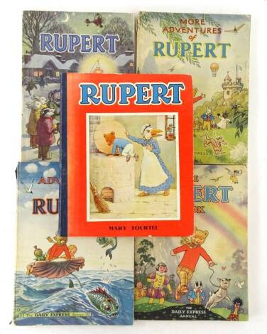 Five Rupert Annuals, mainly from the late 1940's, to include Rupert by Mary Tourtel.