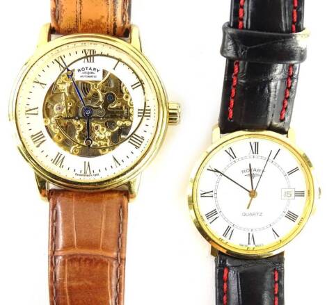 Two modern Rotary gent's wristwatches, to include one with openwork movement, in box, and another of plain design, in box, each on leather straps, worn and AF. (2)