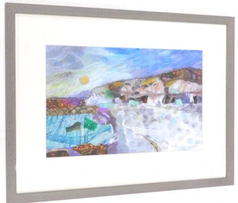 Judy Burnett (20thC). Filey Bay in winter, mixed media collage signed, 23cm x 34cm.