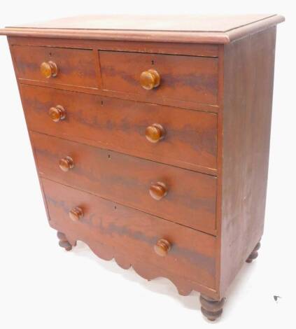 A Victorian scumbled pine chest of drawers, the top with a moulded edge above two short three long drawers, on turned feet, 95cm W.