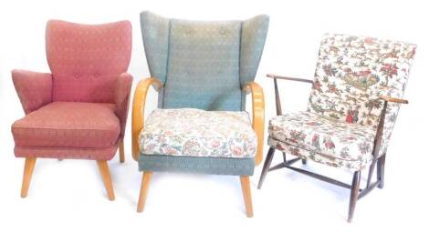 A collection of retro style chairs, to include a wing back open armchair, with beech arms, a 1950s armchair with original upholstery on turned tapering legs, and an Ercol type cottage armchair. The upholstery in this lot does not comply with the 1988 (Fir