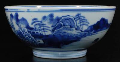 A pair of 19thC Chinese blue and white porcelain bowls, each of circular form, profusely decorated with figures, mountains, trees and buildings, with inner decoration on circular feet, double line Kangxi style floral fungus marks, 18cm Dia. (2) - 4