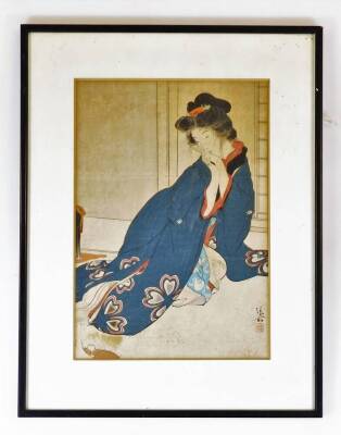 Withdrawn pre-sale by vendor. A Japanese woodblock print, known either as Scarlet Peach or Tipsy Beauty, by Kiyokata Kaburagi (1878-1973) , 30cm x 21cm. - 2