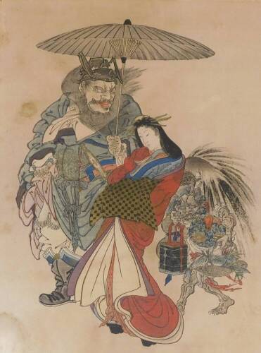 Withdrawn pre-sale by vendor. A Japanese woodblock print, depicting a geisha escorted by Shoki holding a parasol with an oni carrying a lunch box, 19th/20th century, 24cm x 18cm.