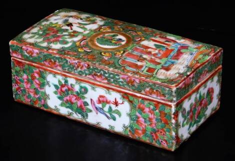 A 19thC Cantonese pen box of rectangular form, typically decorated with flowers and panels of figures, predominately in pink, gold and green, 8cm H 19cm W, 10cm D.